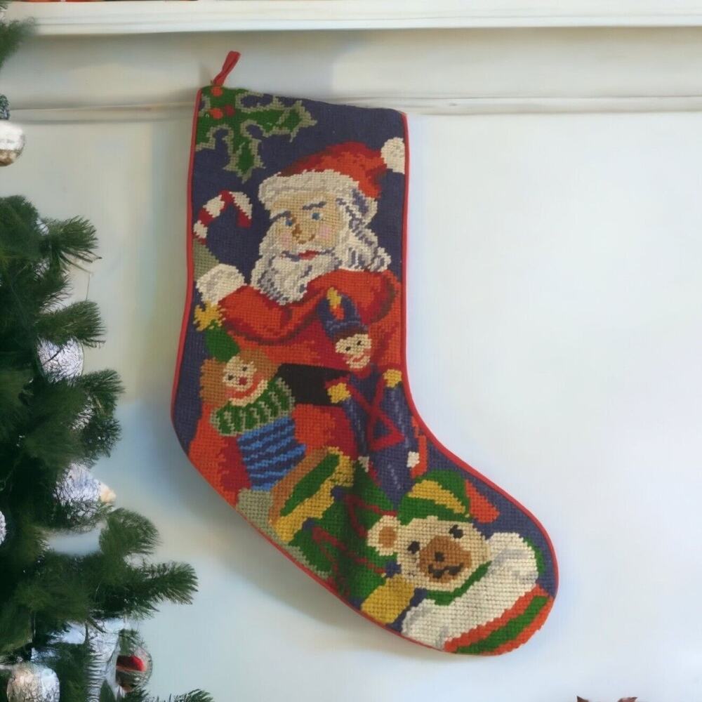Vintage Needlepoint Santa Christmas Stocking 18" w/ Toys & Teddy Bear